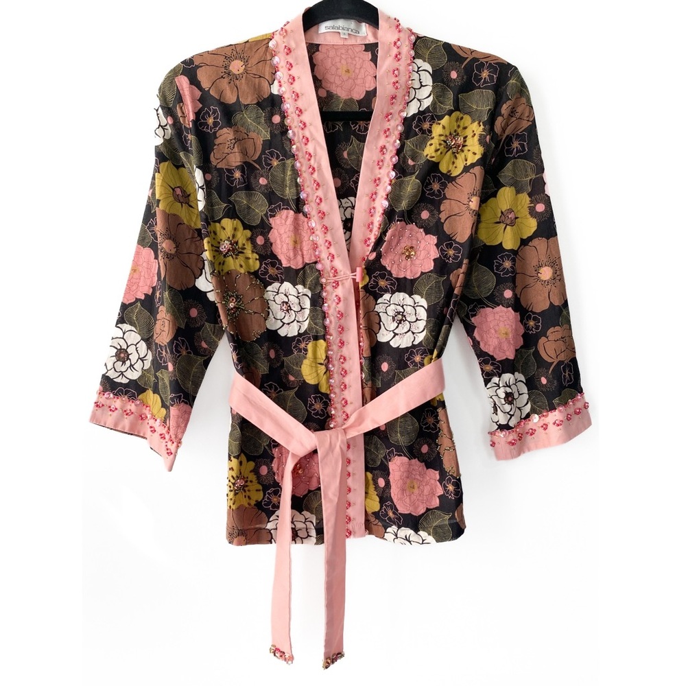 Salabianca Womens Beaded Floral Kimono 4 Oriental Y2K Boho‎ Feminine Designer